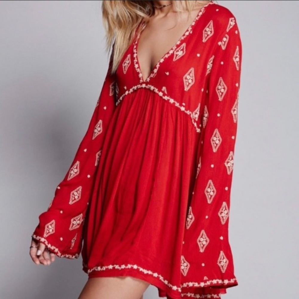 Free People Embroidered Bell Sleeve Mini Dress